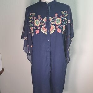 Ritu Kumar Women’s Blue Mosaic Floral Embroidered Tunic Mini Dress Small Cotton